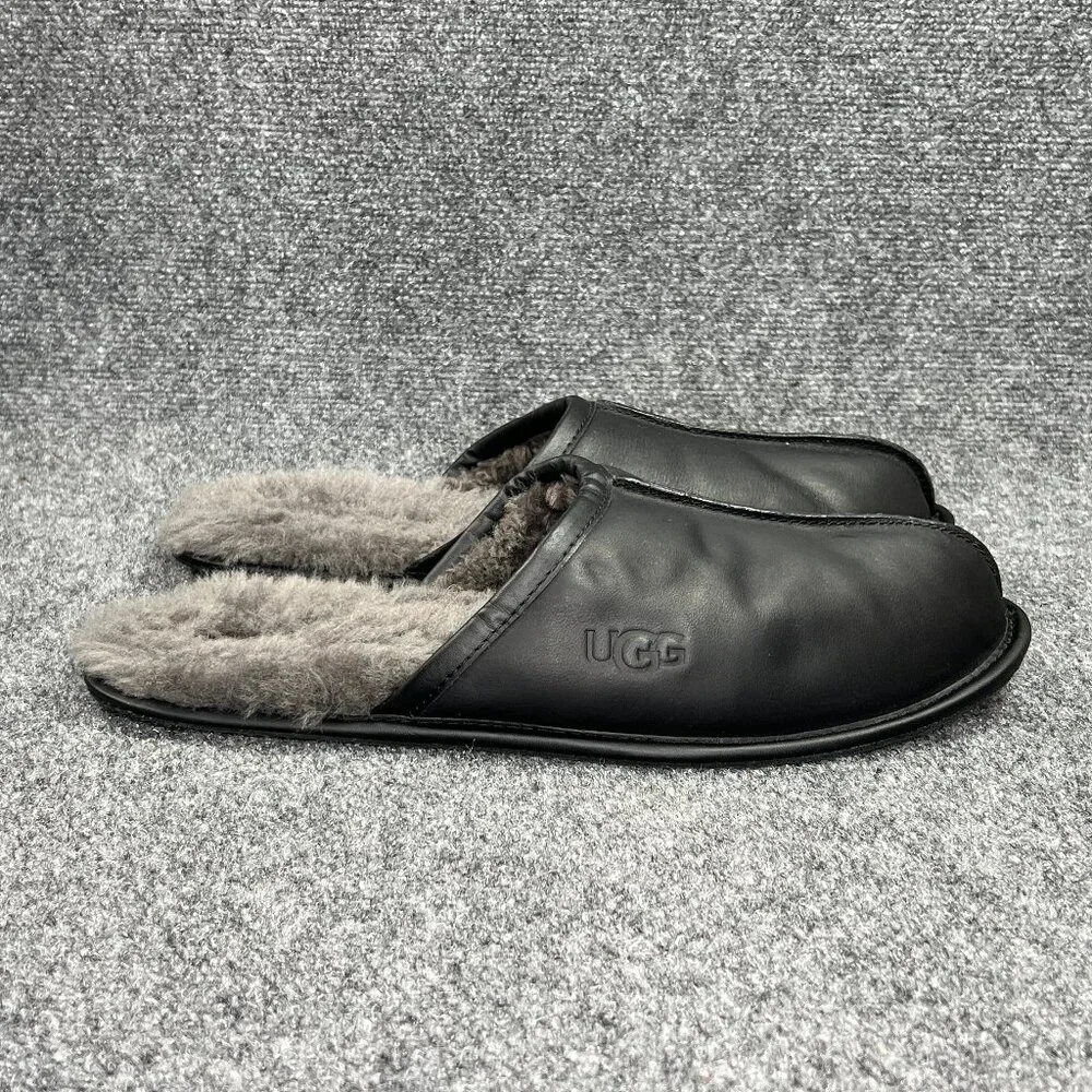 UGG Scuff Slippers Men's 14 Black Leather Slip On Slide‎ Indoor Shearling Shoes